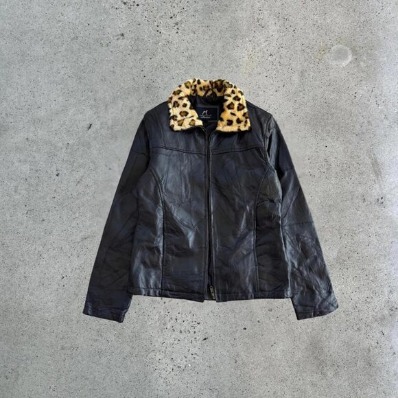 Vintage leather jacket with leopard fur collar - Picture 1 of 8